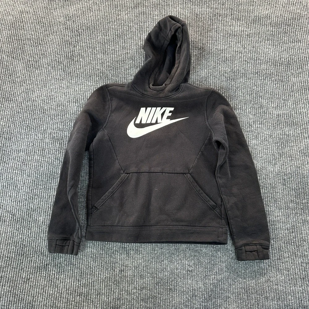 Nike Boys Sportswear Hoodie Size L Black White Swoosh Logo Fleece Pullover